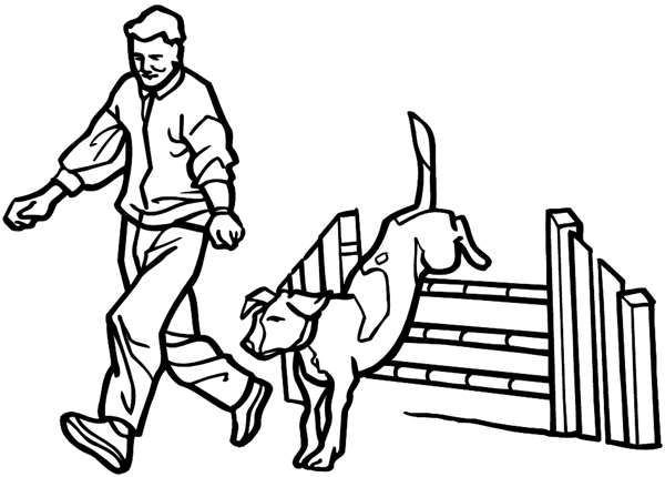 Man training spotted dog to jump hurdle vinyl sticker. Customize on line. Animals Insects Fish 004-0806 